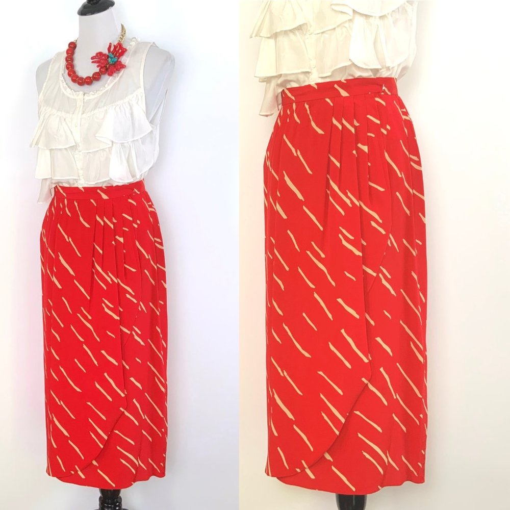 Vintage Christian Dior Red Silk Wrap Front Midi Skirt Luxury Size 10 - Picture 5 of 16
